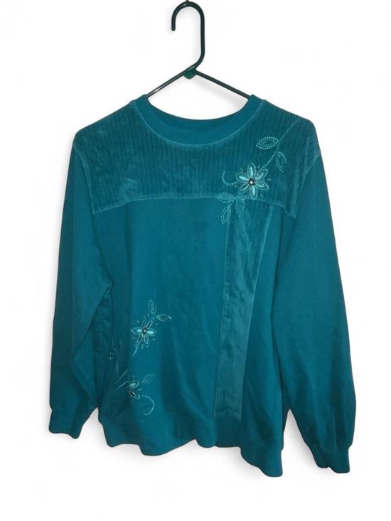 Alfred Dunner Sweaters - Alfred Dunner Teal Floral Embroidered Crewneck Sweater
